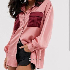 Oversized satin shirt with contrast pockets in pink UK 6 EU 34 US 2